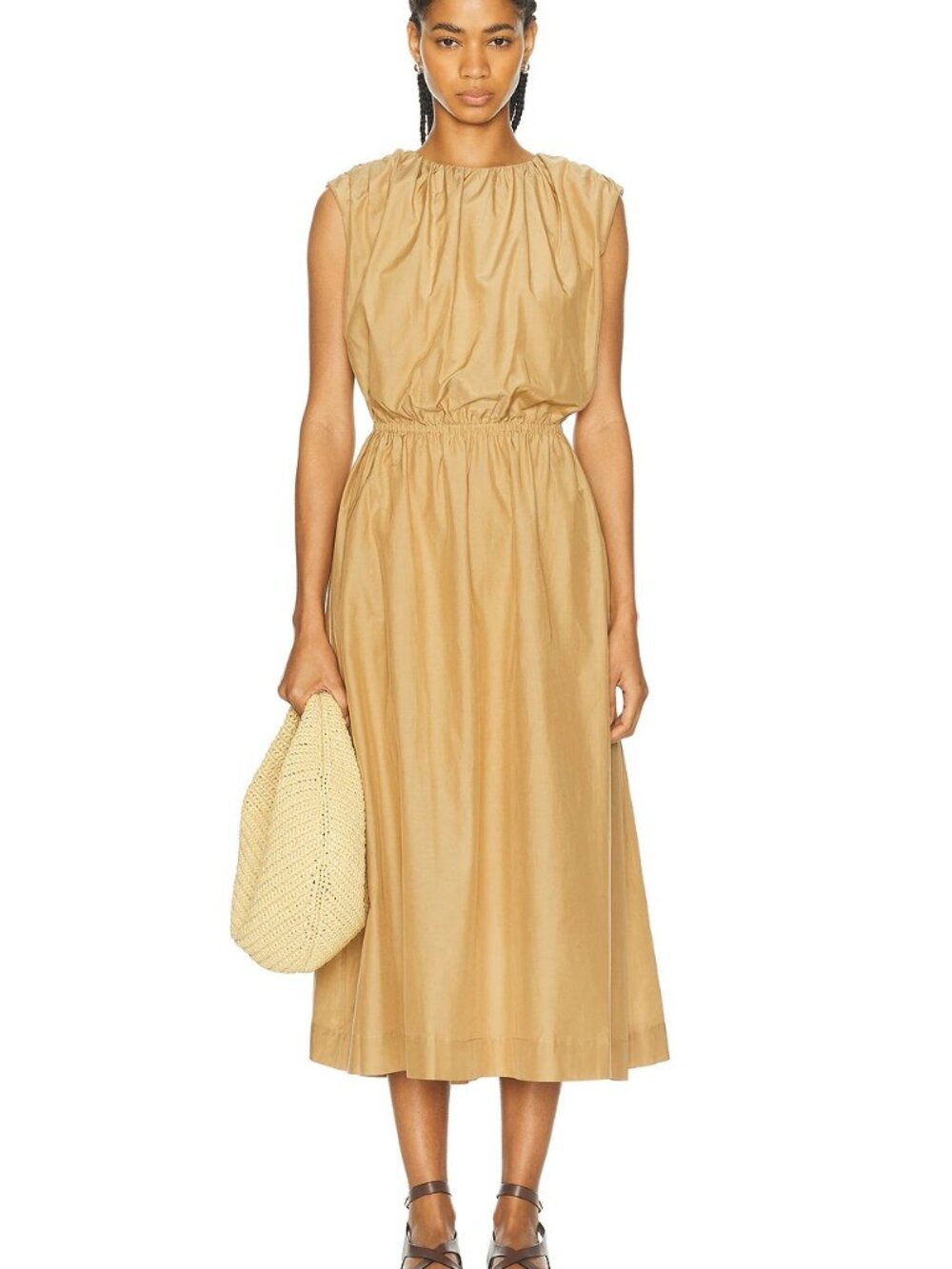 LOULOU STUDIO Aphrodite Long Sleeveless Gathered Dress in Dune — Size S